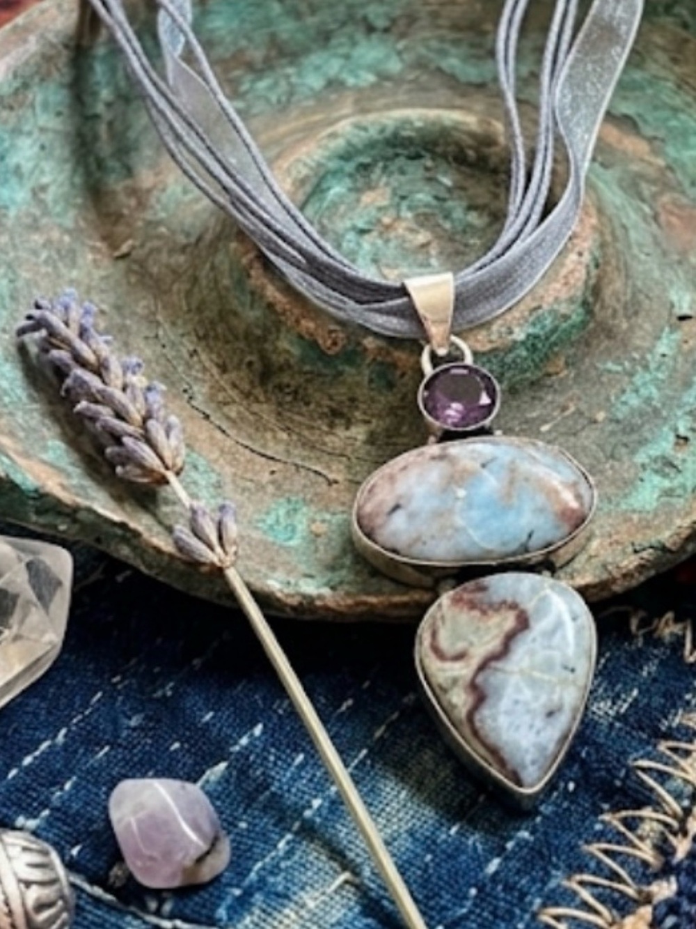 925 Sterling silver  Larimar & Amethyst Stone Pendant Necklace